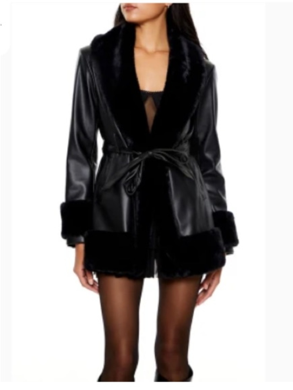 Forever 21 Faux Leather Faux Fur Trim Belted Jacket - Black